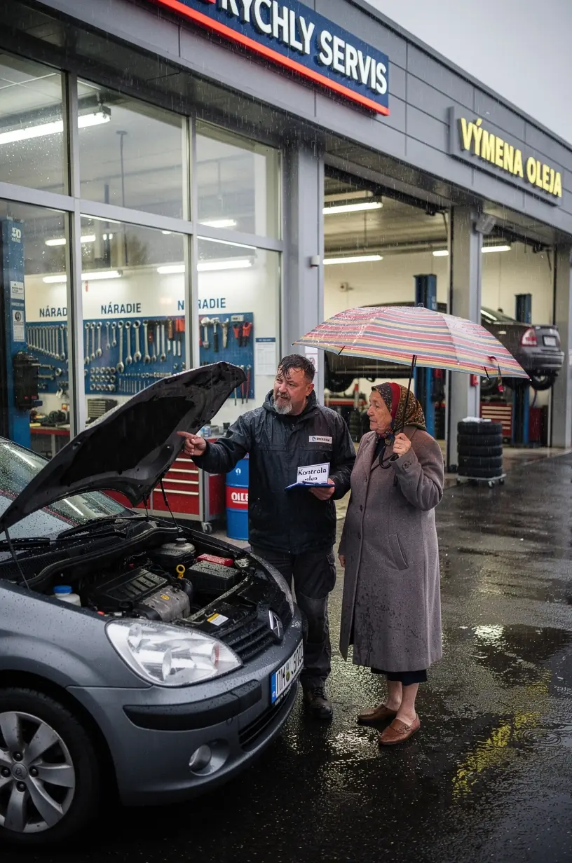 Servisný technik kontroluje hladinu oleja v motore moderného auta v rýchlom autoservise na Slovensku.